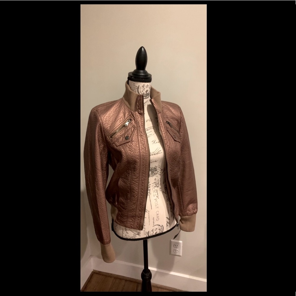 New penny colored chrome leather bomber jacket